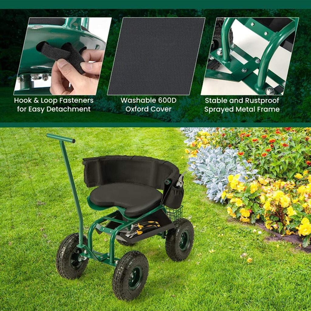 Garden Cart Rolling Work Seat Outdoor Lawn Yard Patio Wagon Scooter for Planting,Rolling Garden Cart with Height Adjustable Swivel Seat and Storage Basket