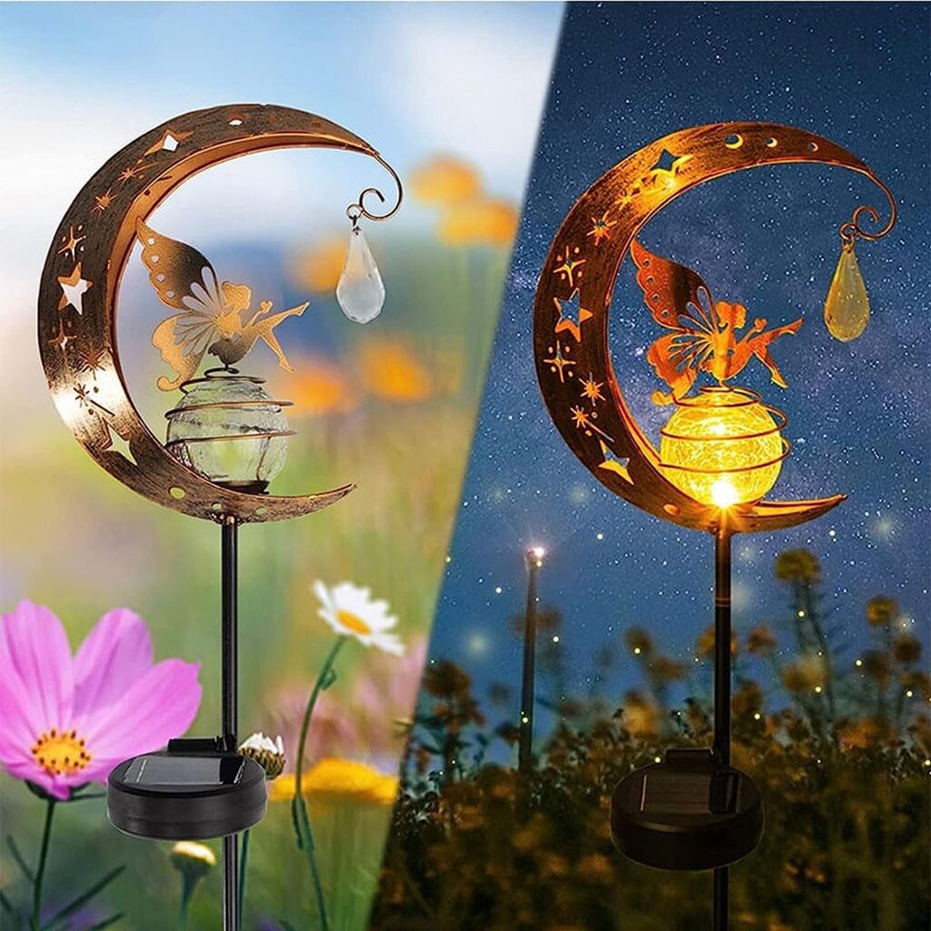 Pacoco Solar Fairy Garden Lights Decorations, Metal Fairy  Moon Decor Waterproof Solar Stake Lights Decorative for Outdoor Patio Lawn Porch Yard Decorations Gardening Gifts for Party, Birthday