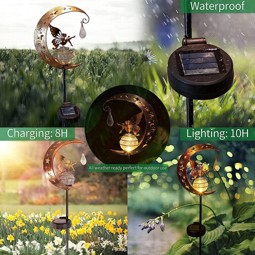 Pacoco Solar Fairy Garden Lights Decorations, Metal Fairy  Moon Decor Waterproof Solar Stake Lights Decorative for Outdoor Patio Lawn Porch Yard Decorations Gardening Gifts for Party, Birthday