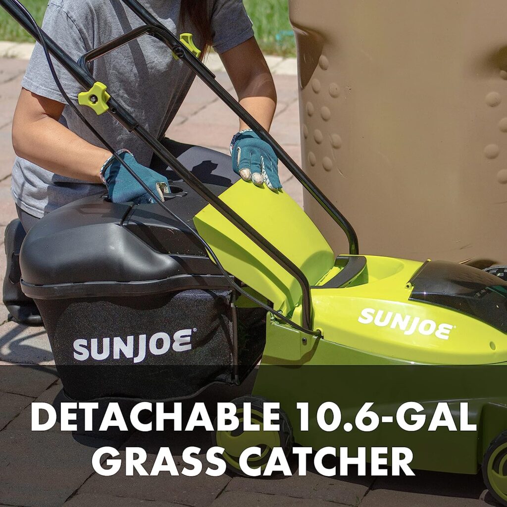 Sun Joe MJ401C 14-Inch 28-Volt Cordless Push Lawn Mower, w/10.6-Gallon Collection Bag, 3-Position Height Adjustment, Safety Key, 14 inches, Green